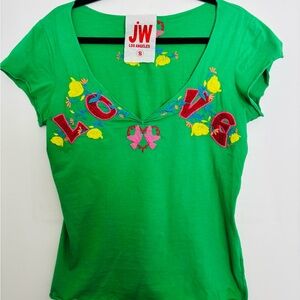 Johnny Was Small Green Embroidered 'Love' V-Neck Tee
